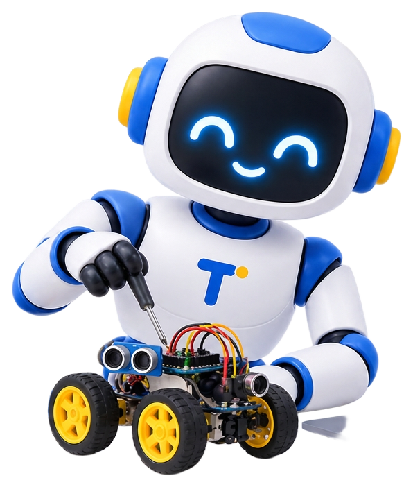 Friendly educational robot building a robot car, surrounded by coding, AI and electronics icons