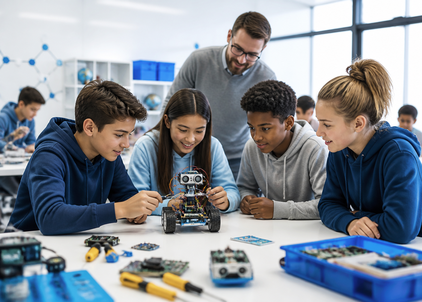 Students collaborating on a robot with their teacher
